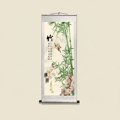 Bamboo & Crane Scroll Painting – Traditional Asian Wall Art