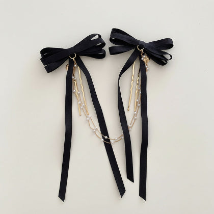 Midnight Bow Pearl Fringe Hair Clips