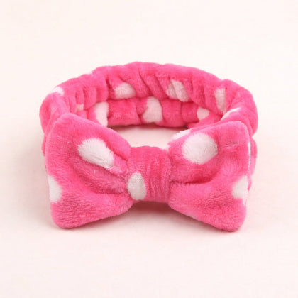 Soft Plush Pink Polka Dot Bow Face Wash Headband
