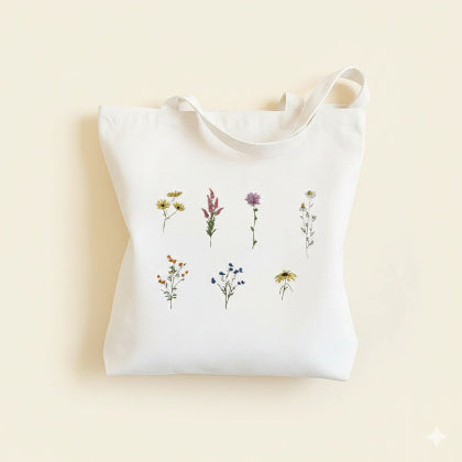 White tote bag with floral designs